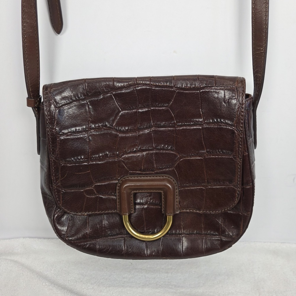FOSSIL Croc Embossed Crossbody Bag Purse Brown Leather Snap Close